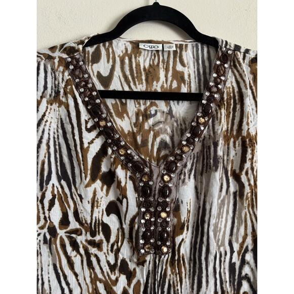 Vintage Y2k 90s Cato Beaded‎ Top Womens Medium Animal Print Summer Neutral Tan - Picture 3 of 7